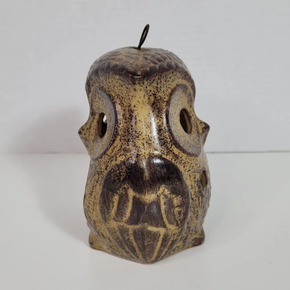 Vintage Ceramic Owl Lantern Tealight Candleholder w Loop for Hanging 1970s